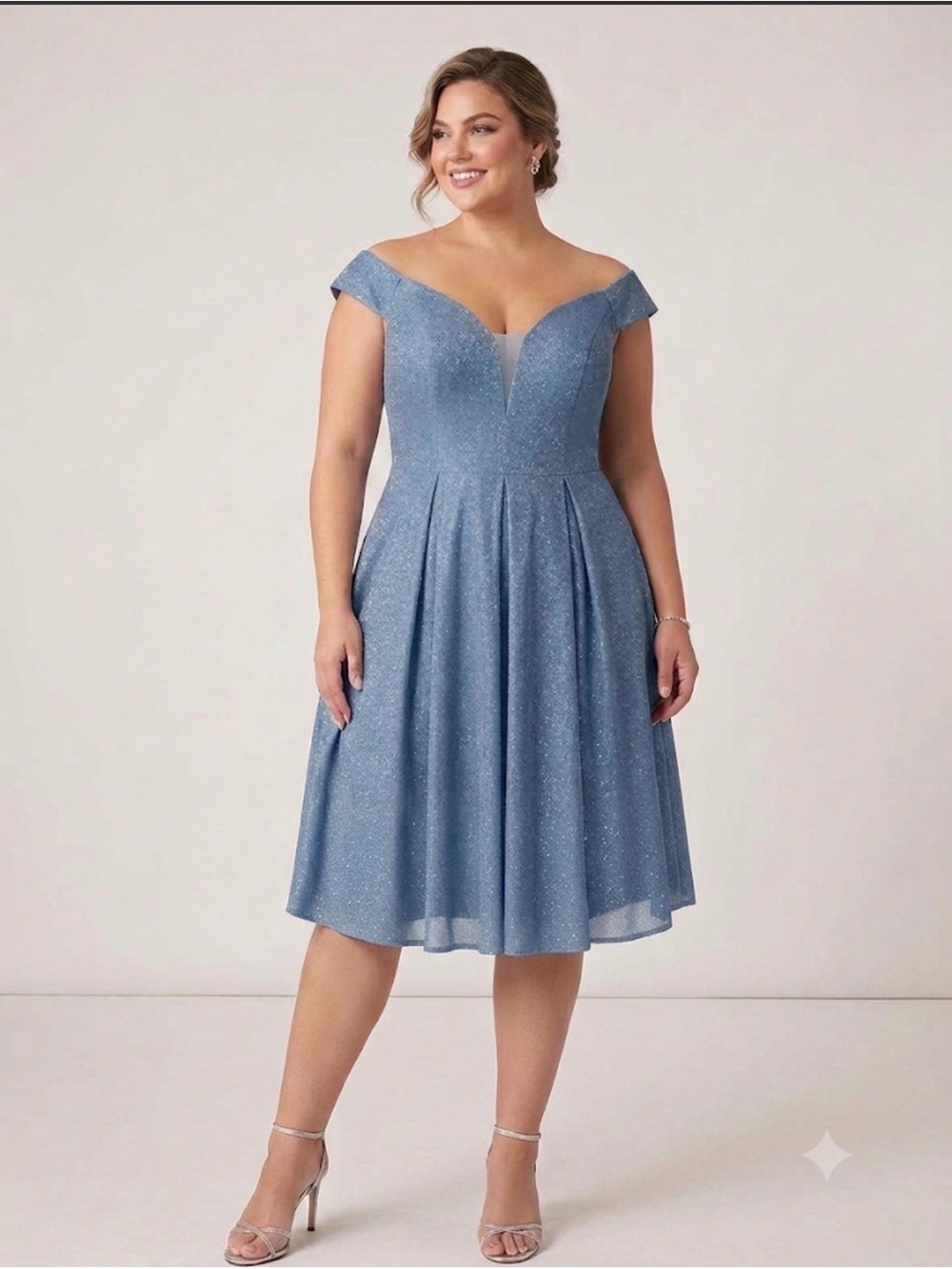 B Darlin Off-Shoulder Sparkle Midi Dress in Dusty Blue